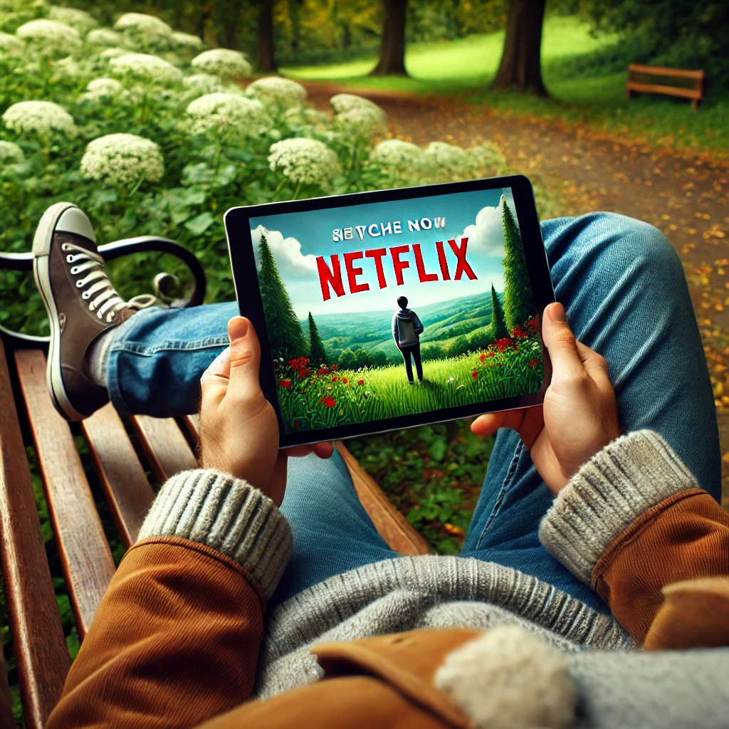 공원에 앉아 태블릿으로 넷플릭스 보는 사람