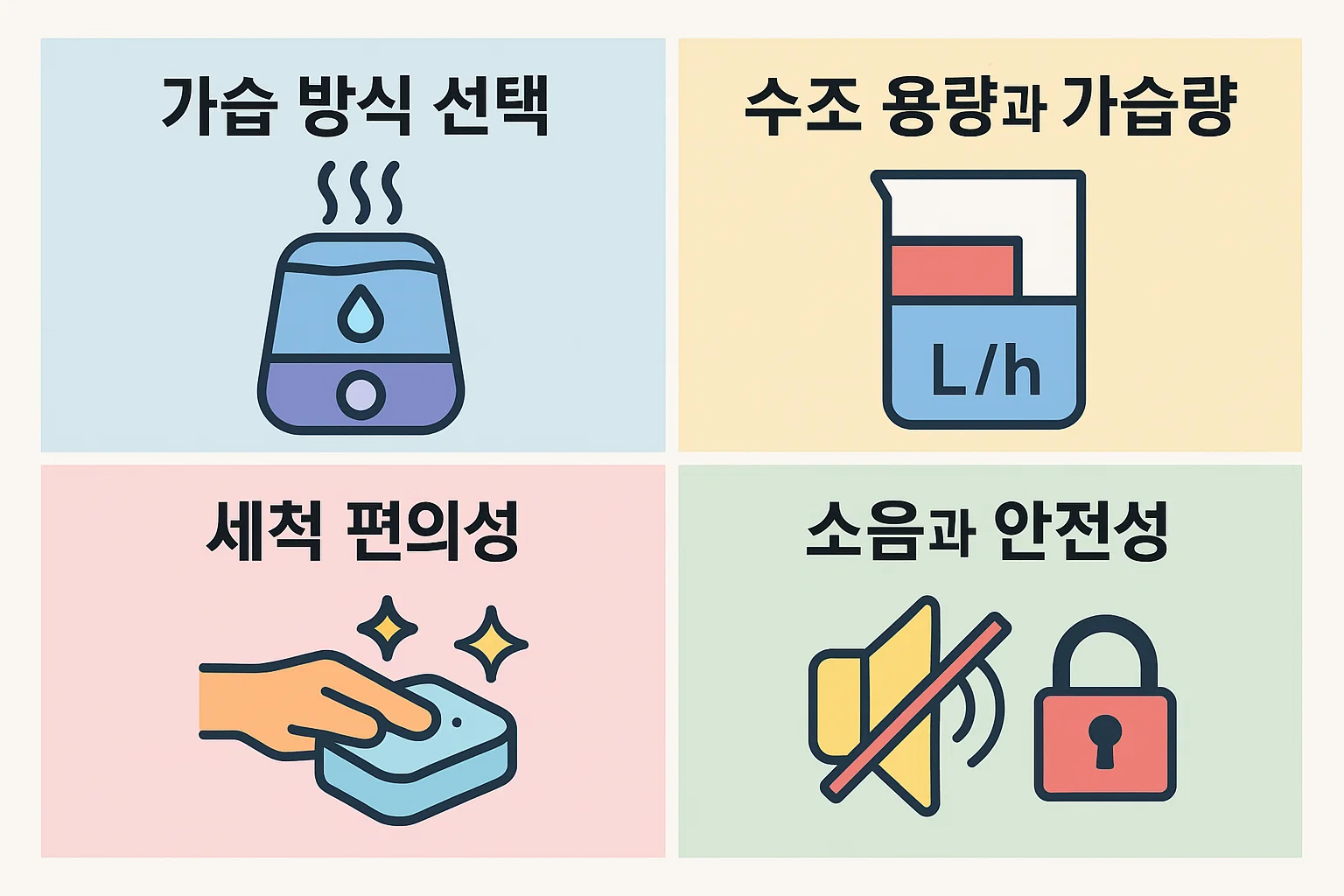 가정용 가습기 선택 시 고려해야 할 가습 방식, 수조 용량, 세척 편의성, 소음과 안전성 등을 항목별로 시각화한 인포그래픽. 2025년 소비자 가이드 기준 반영.
