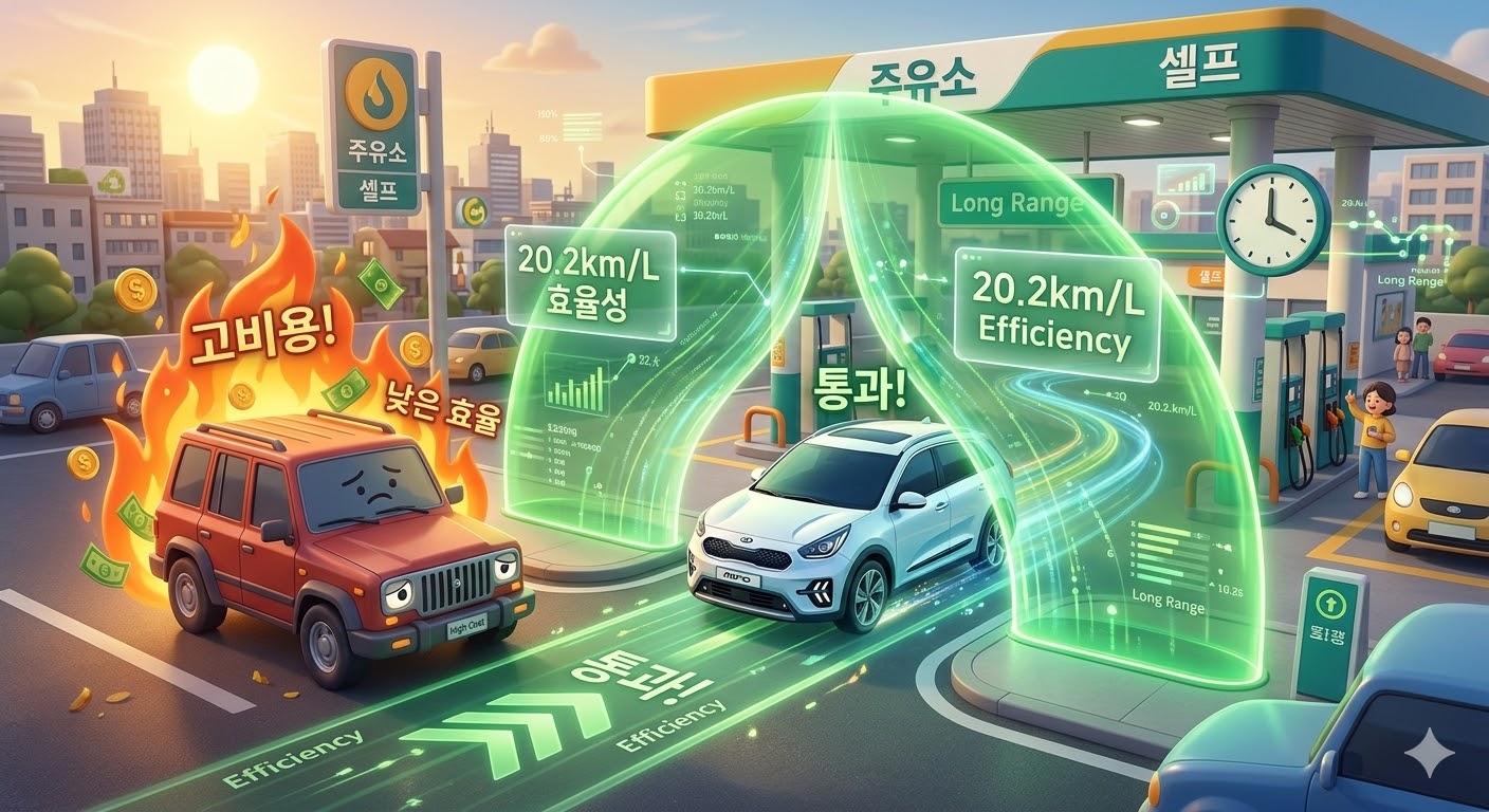 주유소 습격 사건? - 붉은색 '2,000원'이 찍힌 주유기 옆에서 절망하는 구형 SUV 오너와 달리, 더 뉴 니로 오너는 여유롭게 웃으며 'FREE'라고 적힌 가상의 투명 차단막을 지나치는 모습의 3D 일러스트