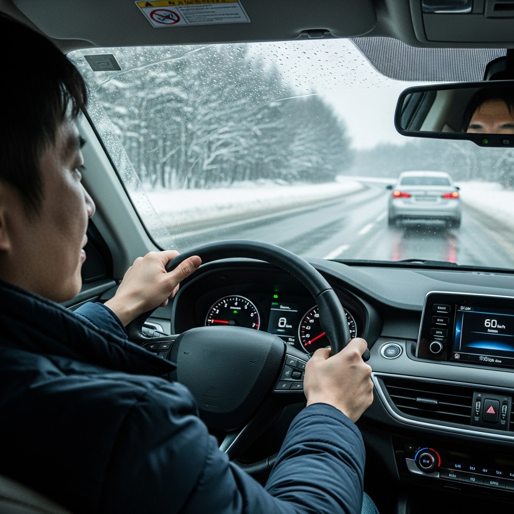 운전자가 블랙아이스로 인해 미끄러지는 차량의 핸들을 침착하게 조작하며 카운터 스티어링하는 모습.