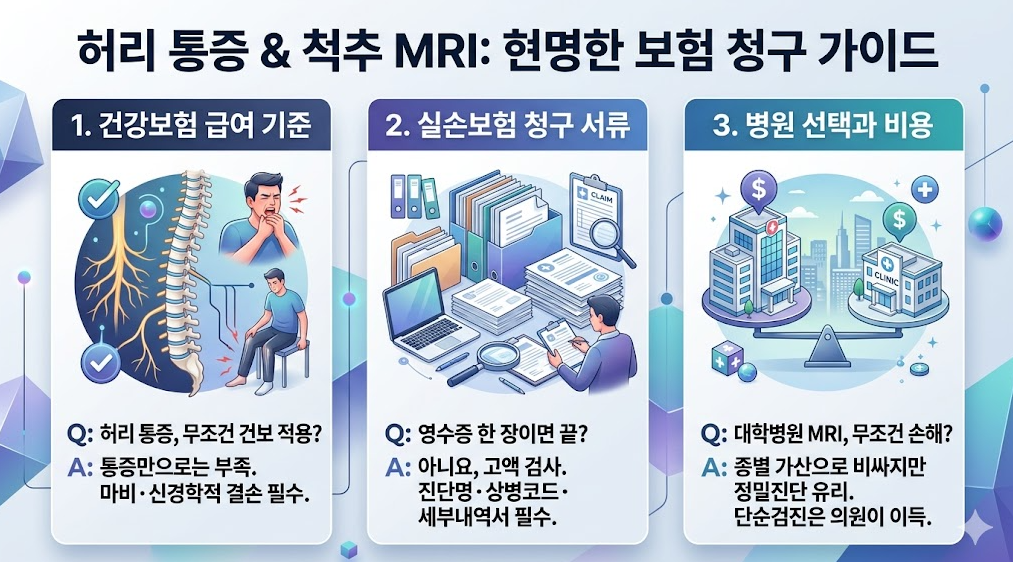 허리 통증과 척추 MRI 보험 적용 기준 및 병원 선택 가이드 인포그래픽