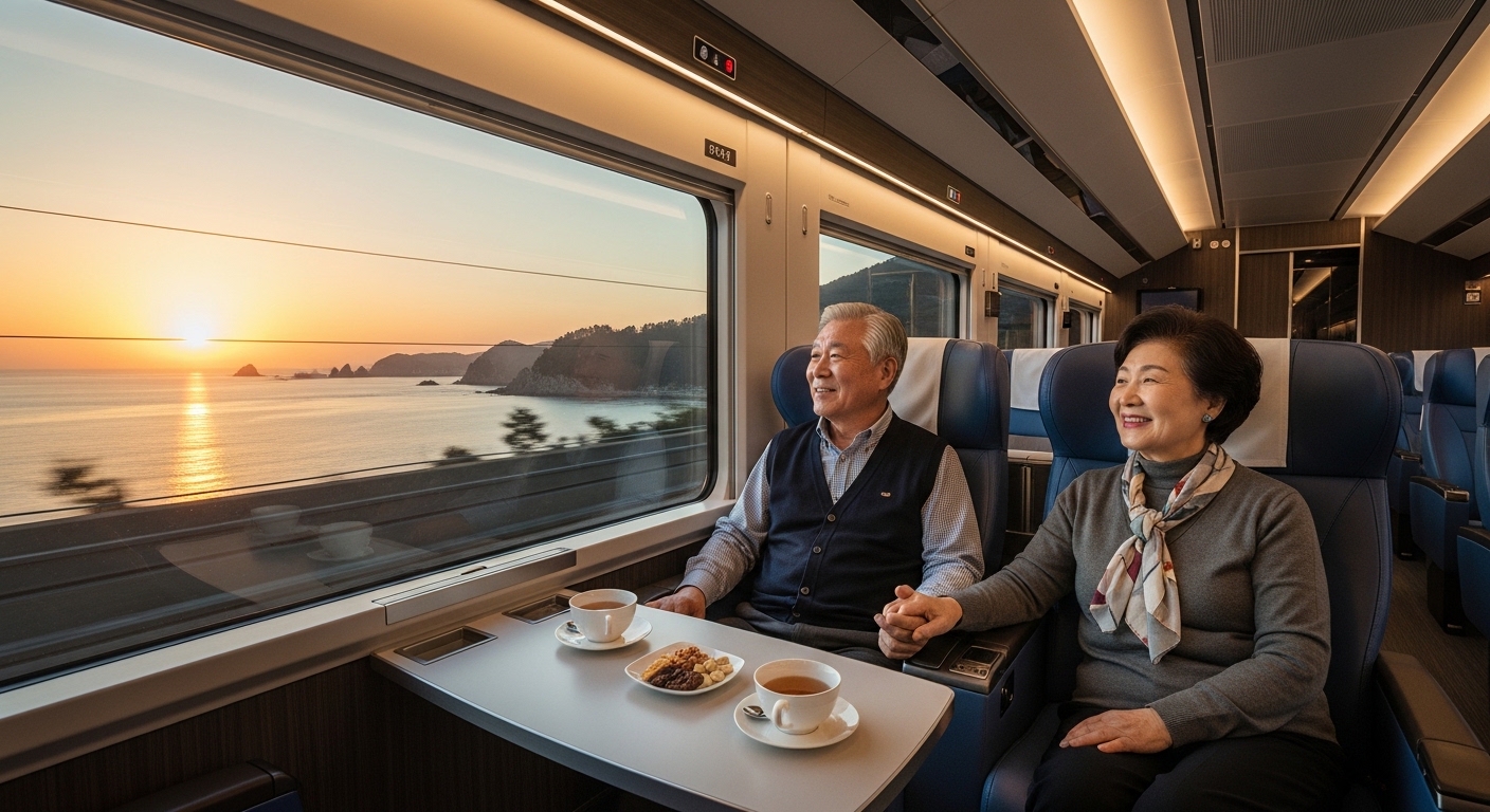 해랑열차의 럭셔리한 객실에서 행복하게 창밖 풍경을 바라보는 노부부의 모습. 편안하고 아름다운 효도 여행 분위기가 느껴진다.