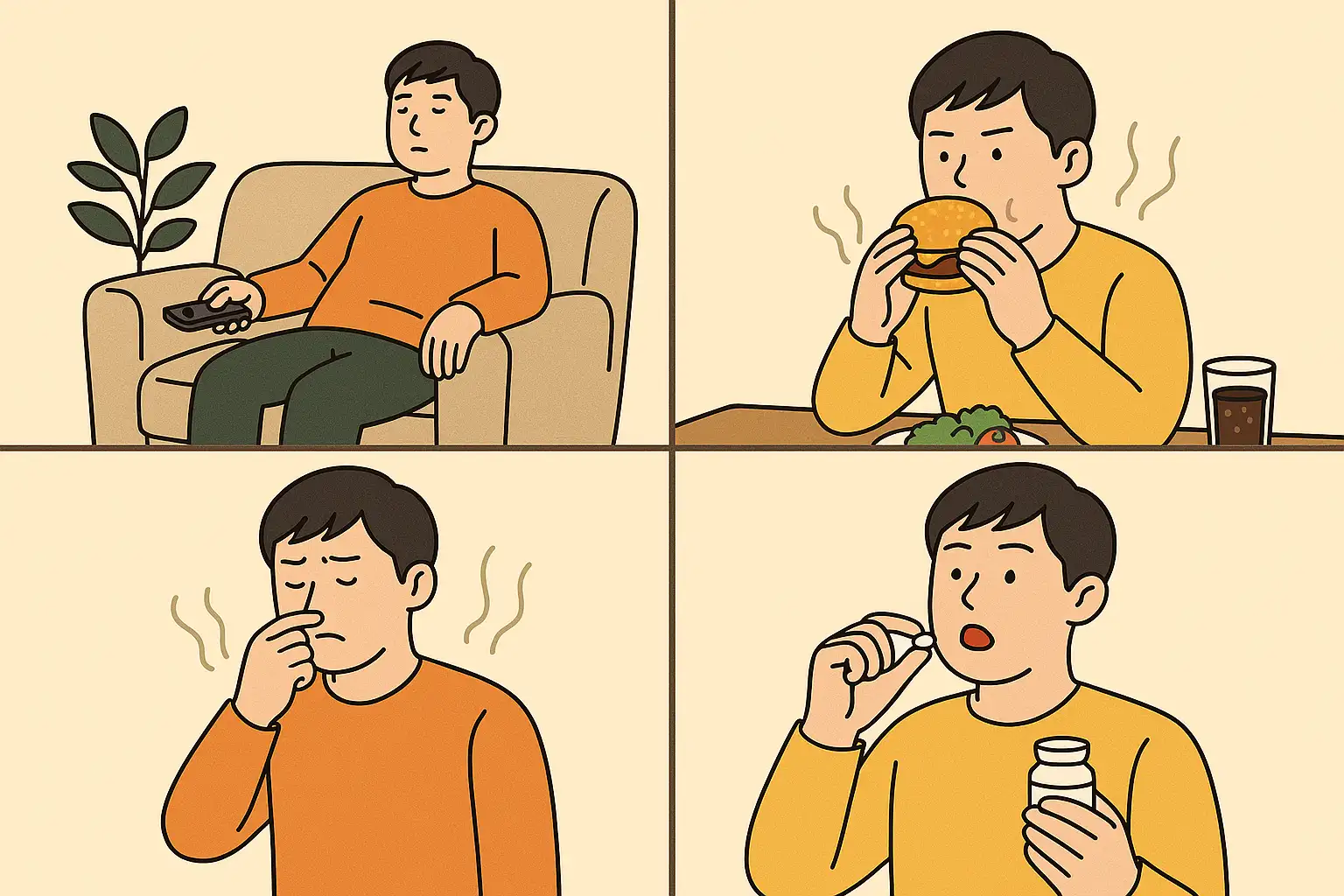 활동량 감소, 불규칙한 식습관, 약물 복용이 체취 변화에 영향을 주는 장면