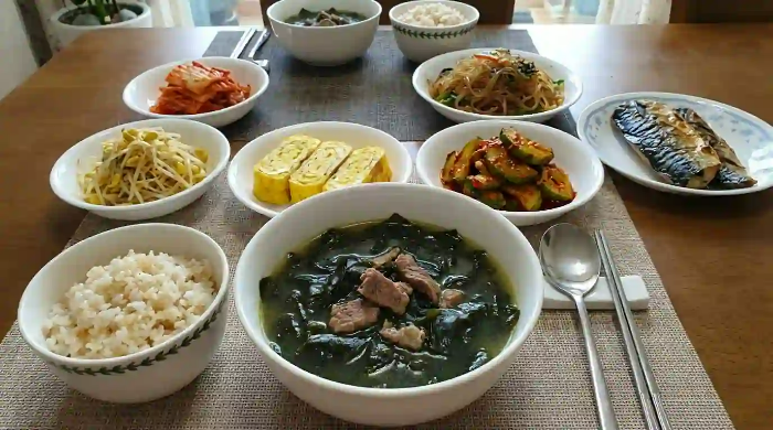 식탁 위에 밥, 콩나물 무침, 생선구이, 김치, 미역국이 놓여 있음.