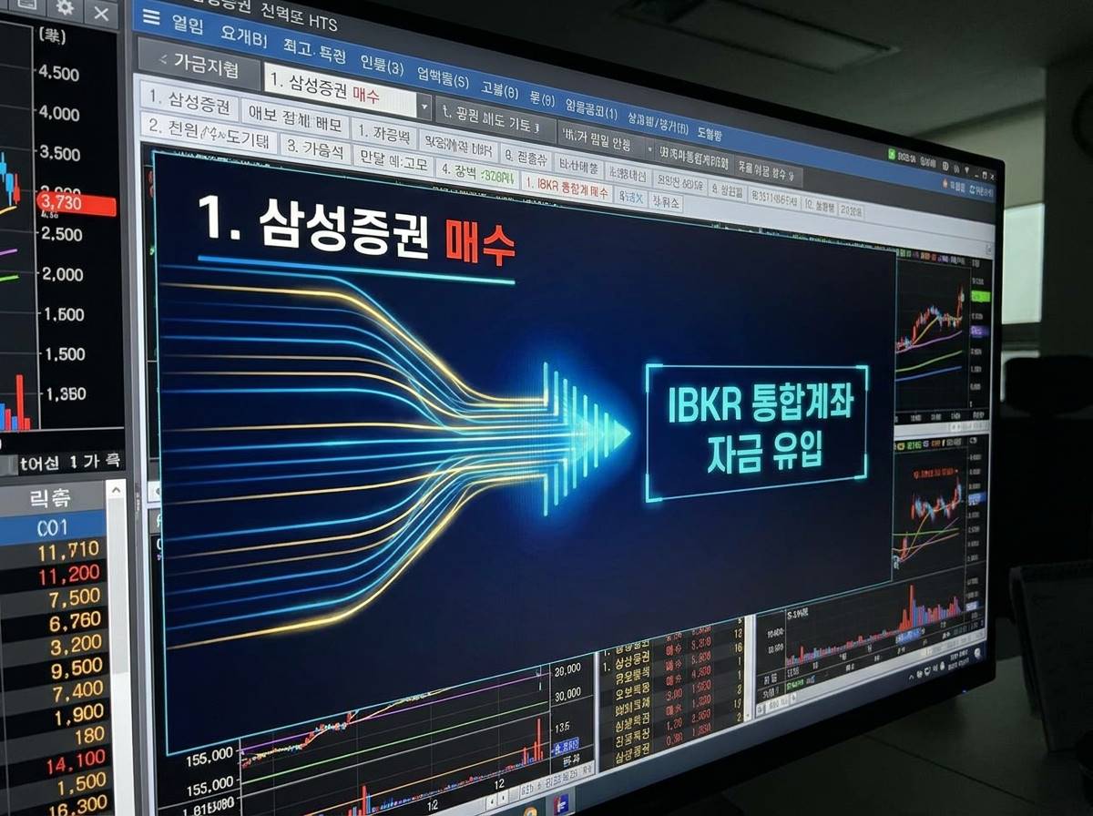 컴퓨터 모니터의 HTS 화면에 삼성증권 매수 창구가 1위로 랭크되어 있고, 'IBKR 통합계좌 자금 유입'이라는 데이터 흐름도가 빛나는 이미지