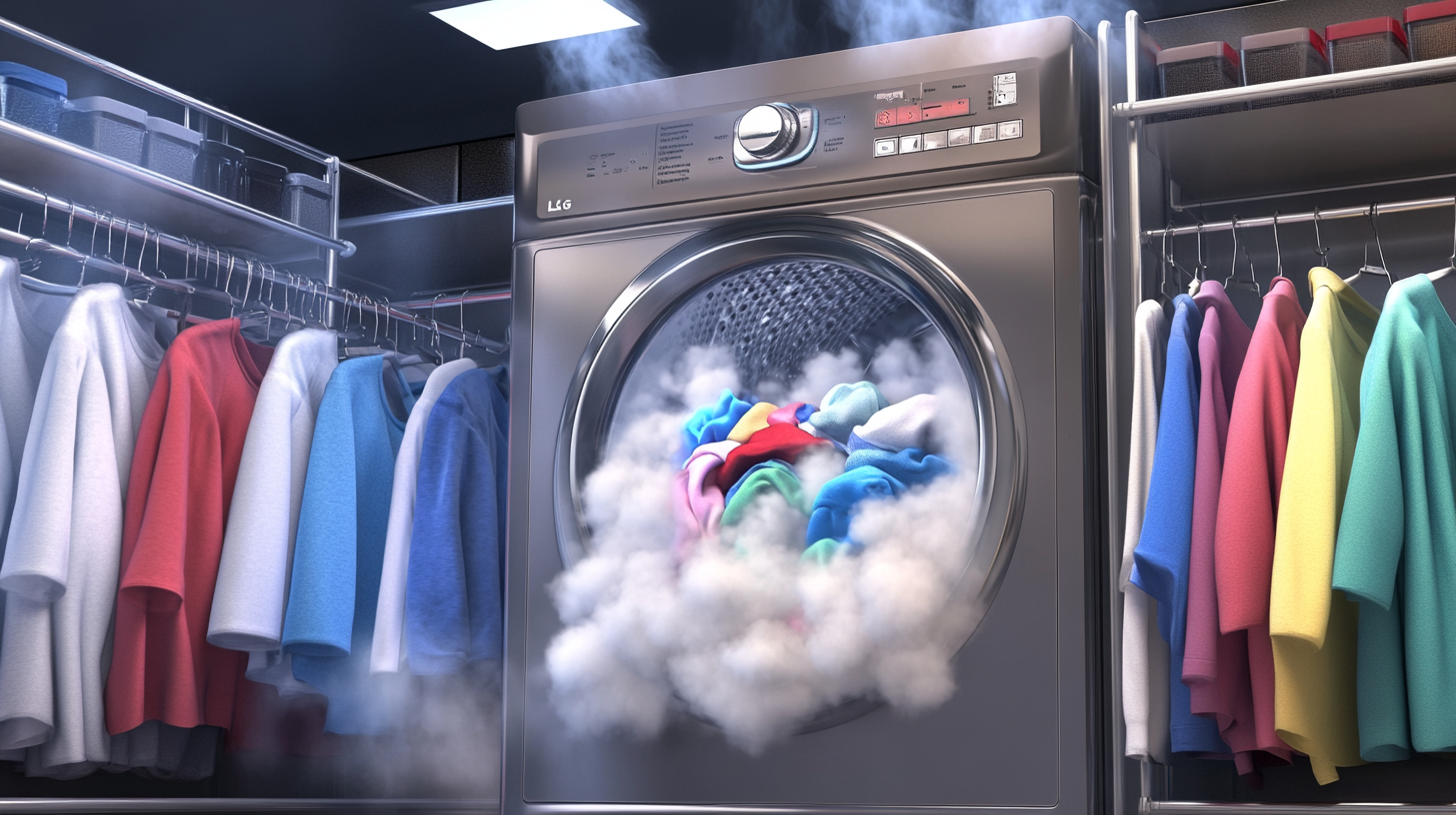 뜨거운 증기와 살균된 옷의 그래픽을 통해 시각적으로 표현된 LG 워시타워의 강력한 증기 건조 기능, 효율적이고 부드러운 건조를 강조