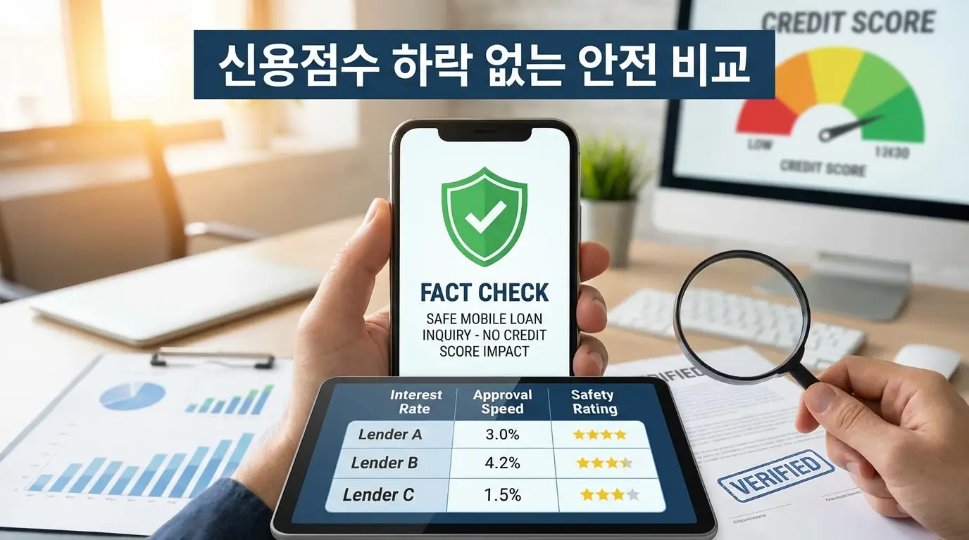 신용점수 하락 없이 모바일로 안전하게 대부 대출 조회를 진행하고 우수 업체를 비교하는 팩트체크 이미지
