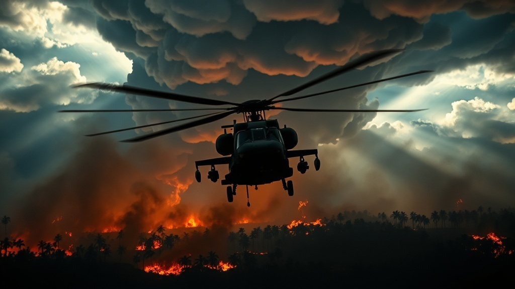 AI가 생성한 바그너 발퀴레의 기행이 울려 퍼지는 지옥의 묵시록 공격 장면- 검은 연기와 화염사이로 날아 오르는 군용헬기의 실루엣