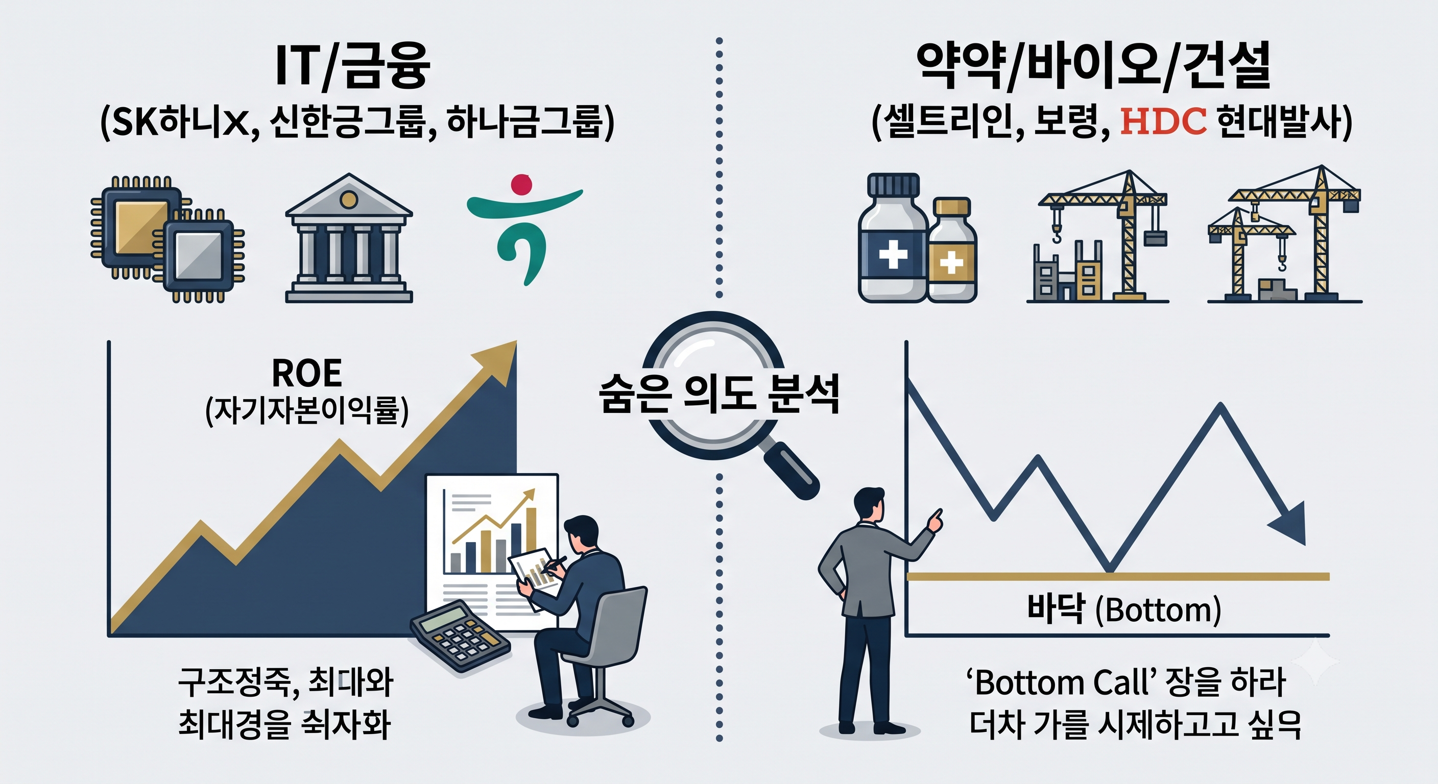 IT/금융 섹터와 제약/바이오/건설 섹터 기업들의 자사주 매입이 각각 ROE 개선과 주가 바닥 지지라는 다른 의도를 가지고 있음을 시각적으로 대비하여 표현한 일러스트.