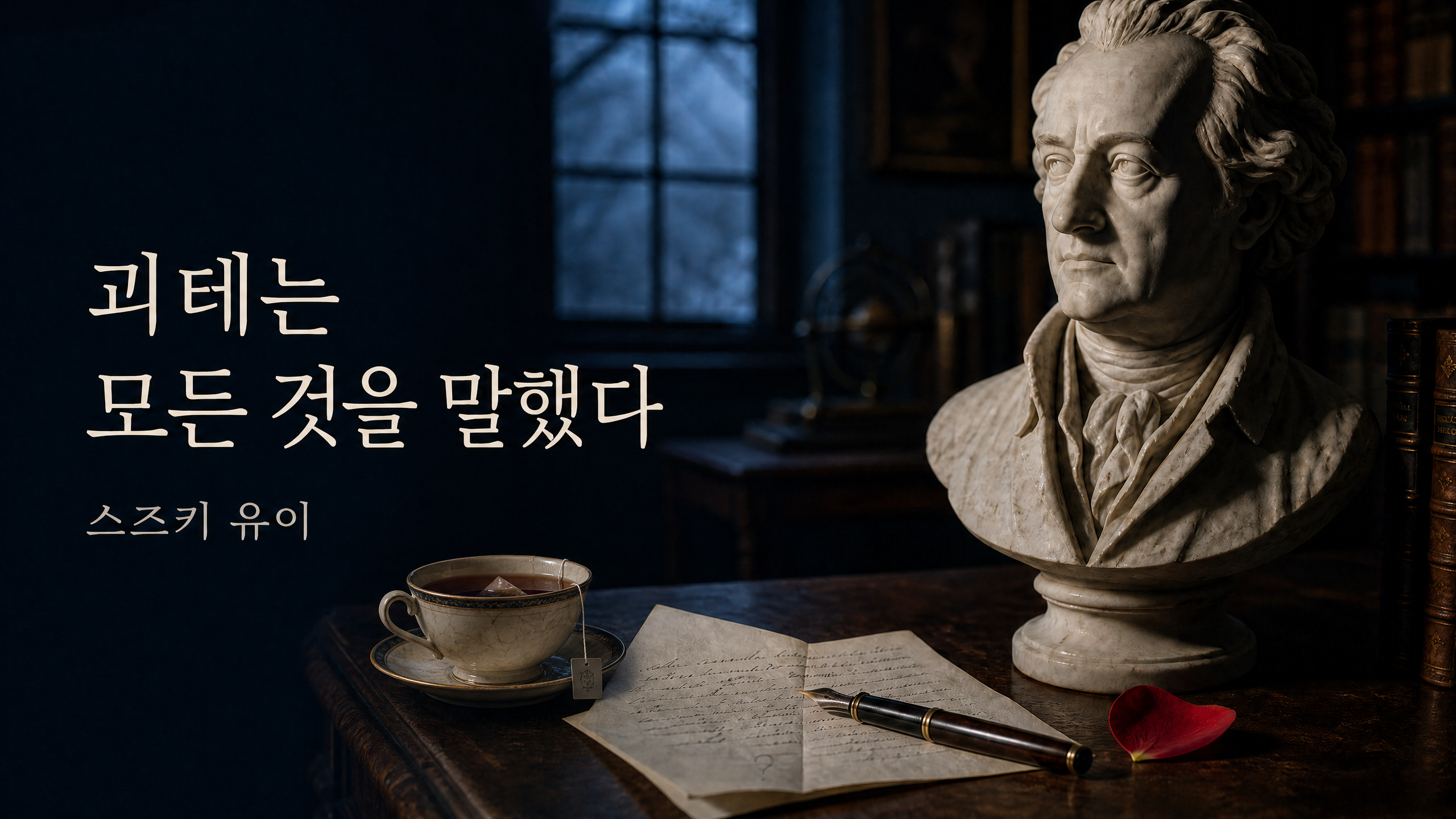 티백 라벨과 괴테 흉상, 만년필과 노트가 놓여 있는 스즈키 유이 괴테는 모든 것을 말했다 신간 소설 분위기의 정물 컷