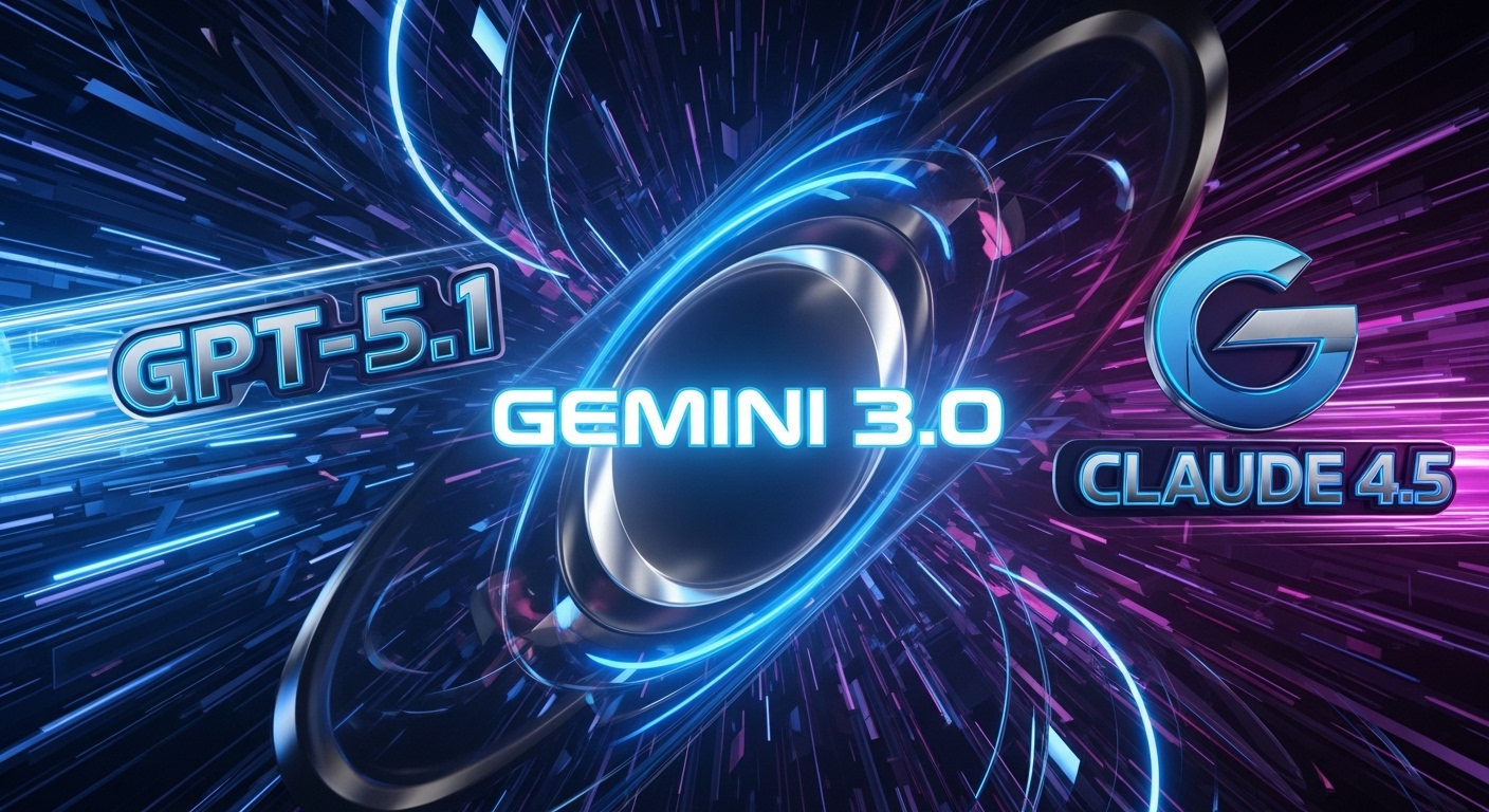 Gemini 3.0 로고가 중앙에서 빛나고, 양옆에 GPT-5.1과 Claude 4.5 로고가 경쟁하듯 배치된 3D 일러스트. 스피드와 파워가 느껴지는 역동적인 구도. 네온 블루와 실버 톤의 하이테크 느낌.