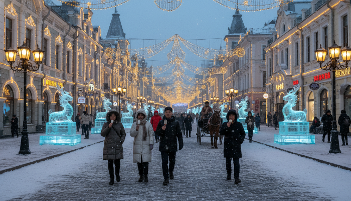 유럽풍 건축물이 늘어선 하얼빈 중앙대거리의 겨울 풍경