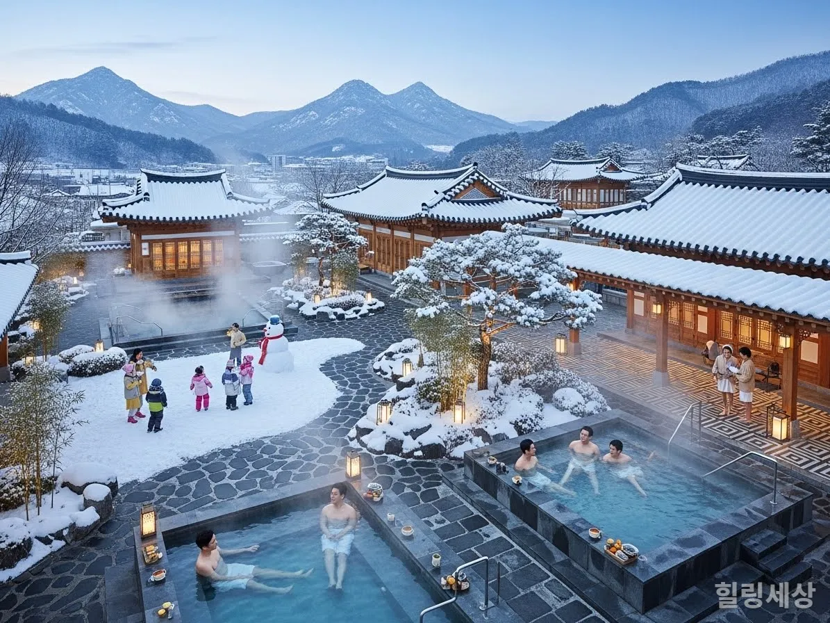 겨울 설경 속 한국 웰니스 리조트에서 가족들이 휴식을 취하는 모습