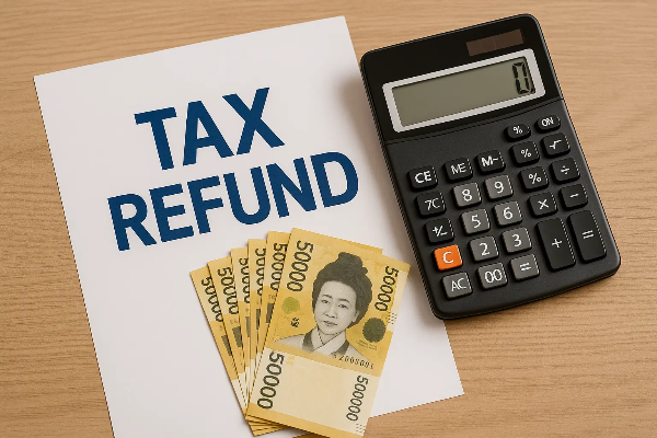 TAX REFUND 문구가 인쇄된 종이 옆에 계산기와 한국 5만 원 지폐가 깔끔하게 놓인 세금 환급 안내용 사물 이미지, 텍스트 없음