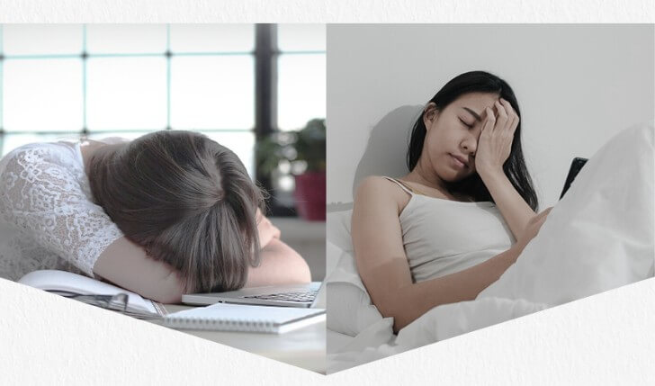 피로에-쌓여-앉아서-자고-있는-사람과-침대에-기대어-피로를-호소하는-사진입니다.