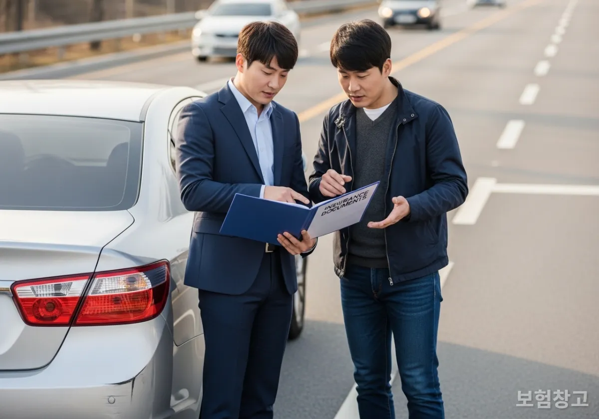가벼운 접촉 사고 후 보험 처리를 논의하는 운전자들의 모습