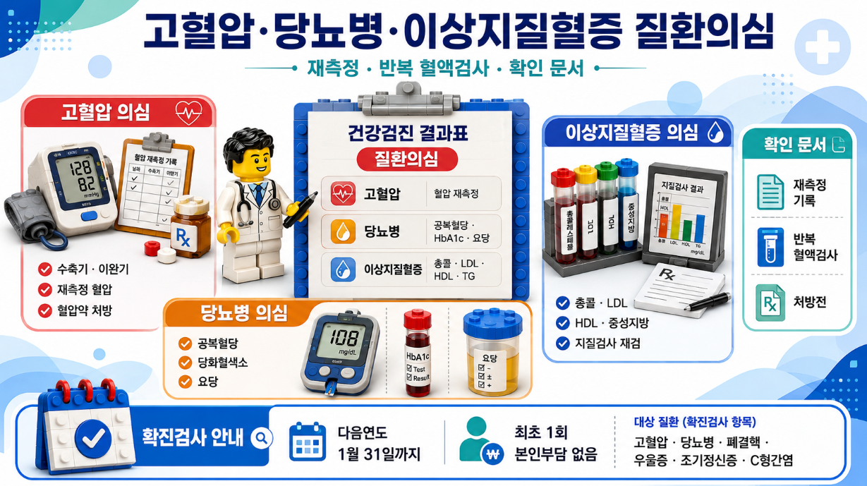 고혈압, 당뇨병, 이상지질혈증 질환의심 항목과 재측정, 반복 혈액검사, 확인 문서를 정리한 레고 스타일 인포그래픽