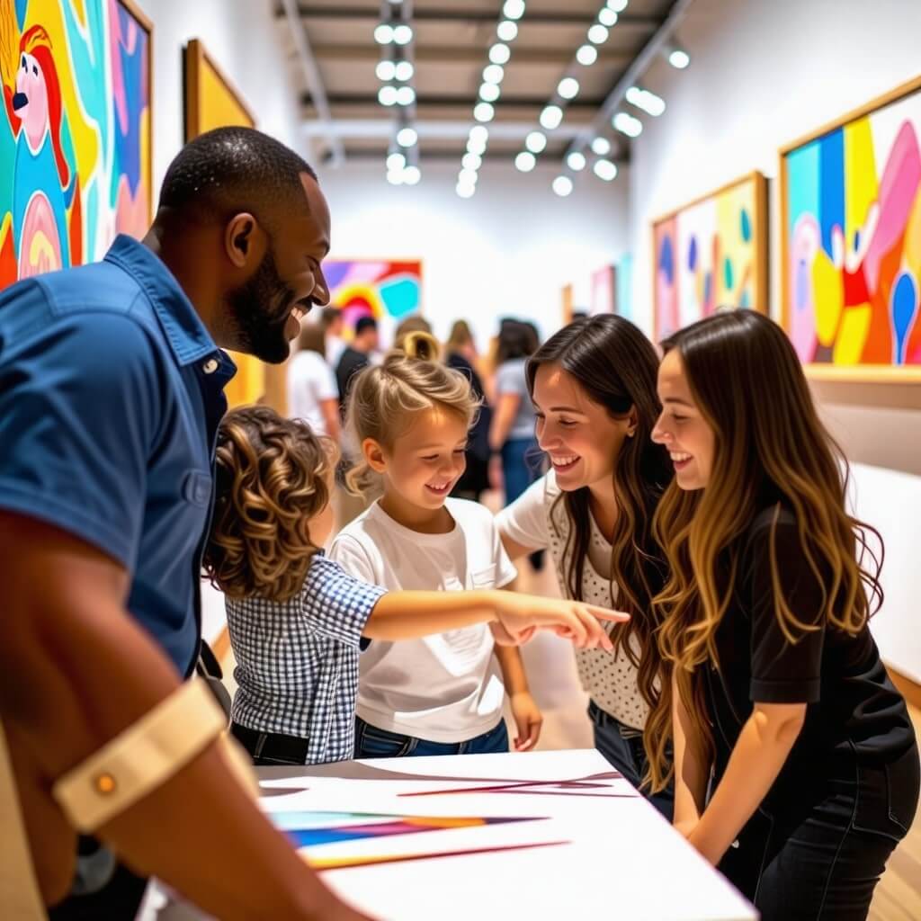 가족이 함께 문화체험을 즐기는 모습 (예: 전시회나 공연 관람).