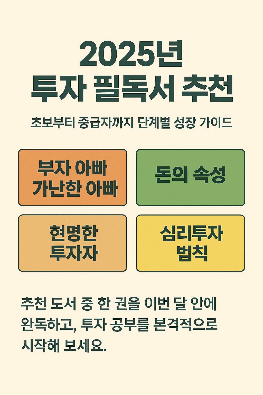 2025년 투자 필독서 추천 목록과 단계별 성장 가이드 제목. 부자 아빠 가난한 아빠, 돈의 속성, 현명한 투자자, 심리투자 법칙 네 권의 도서 표지 이미지가 포함된 콘텐츠의 메인 섹션