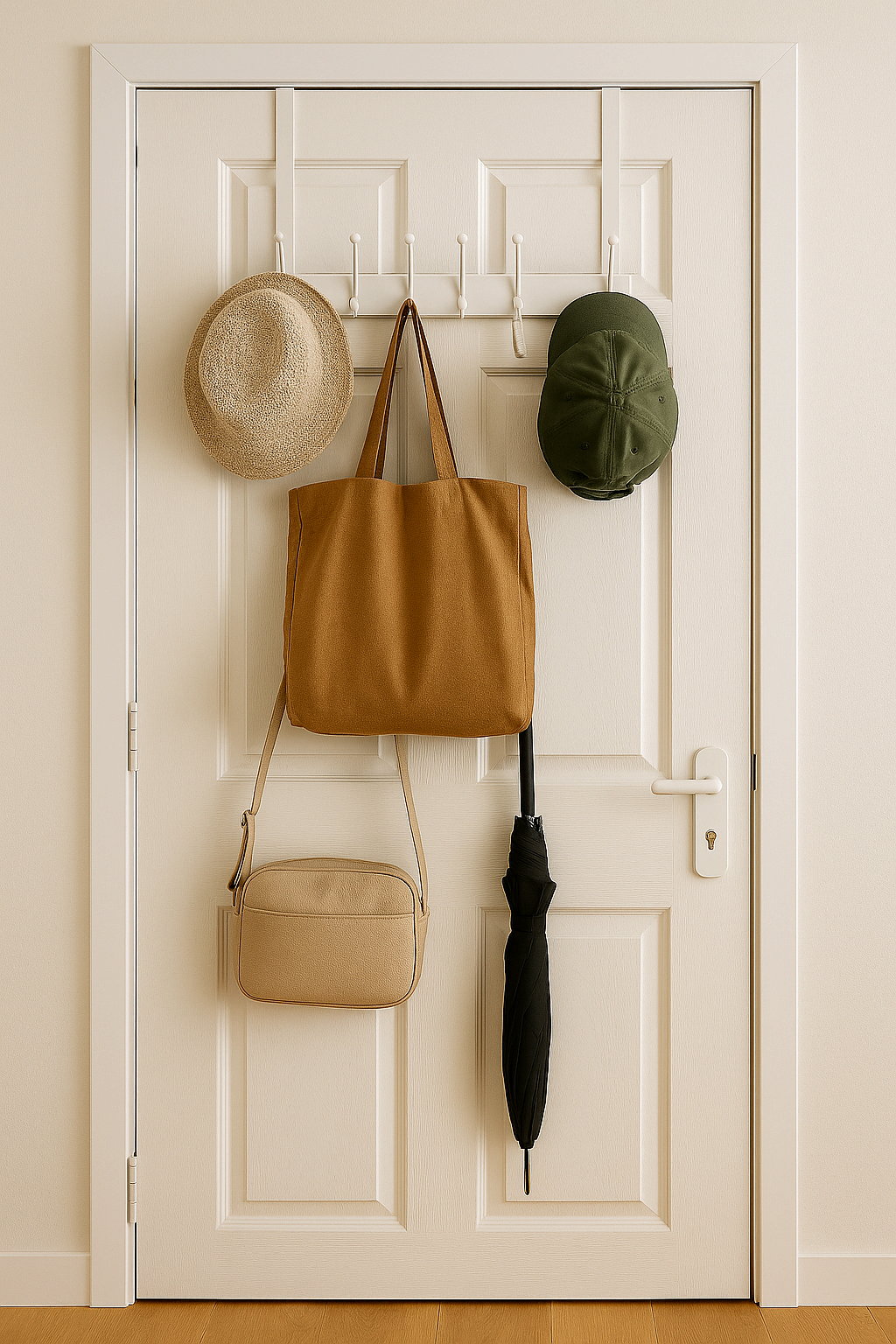 문 뒤 도어랙에 가방과 모자를 걸어 세로 수납한 예시