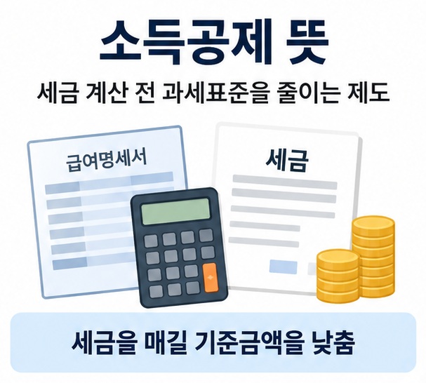 소득공제 뜻이라는 제목과 급여에서 공제 후 과세표준이 줄어드는 세금 계산 구조를 표현한 대표 이미지