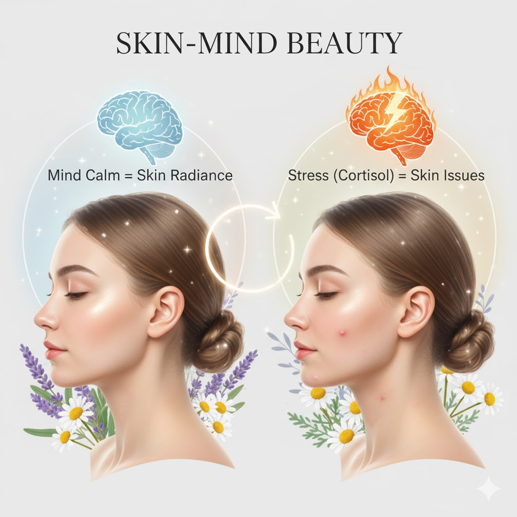 스킨 마인드 뷰티 개념을 시각화한 인포그래픽. 스트레스(코르티솔)가 피부 문제(여드름)를 유발하고, 마음의 평화(아로마)가 건강한 피부로 이어진다는 원리를 보여줌