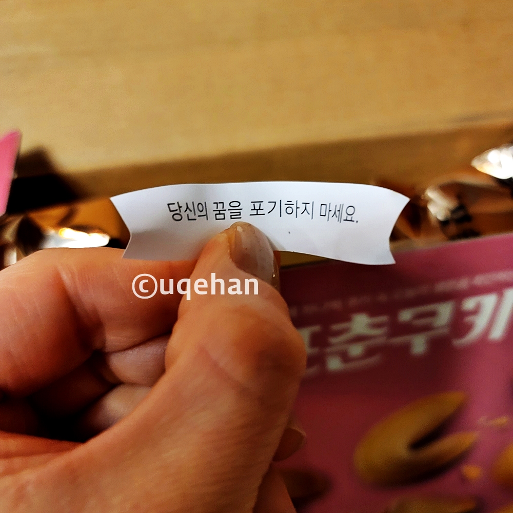 노브랜드 포춘쿠키 속 종이에 당신의 꿈을 포기하지 마세요 라고 쓰여있다.