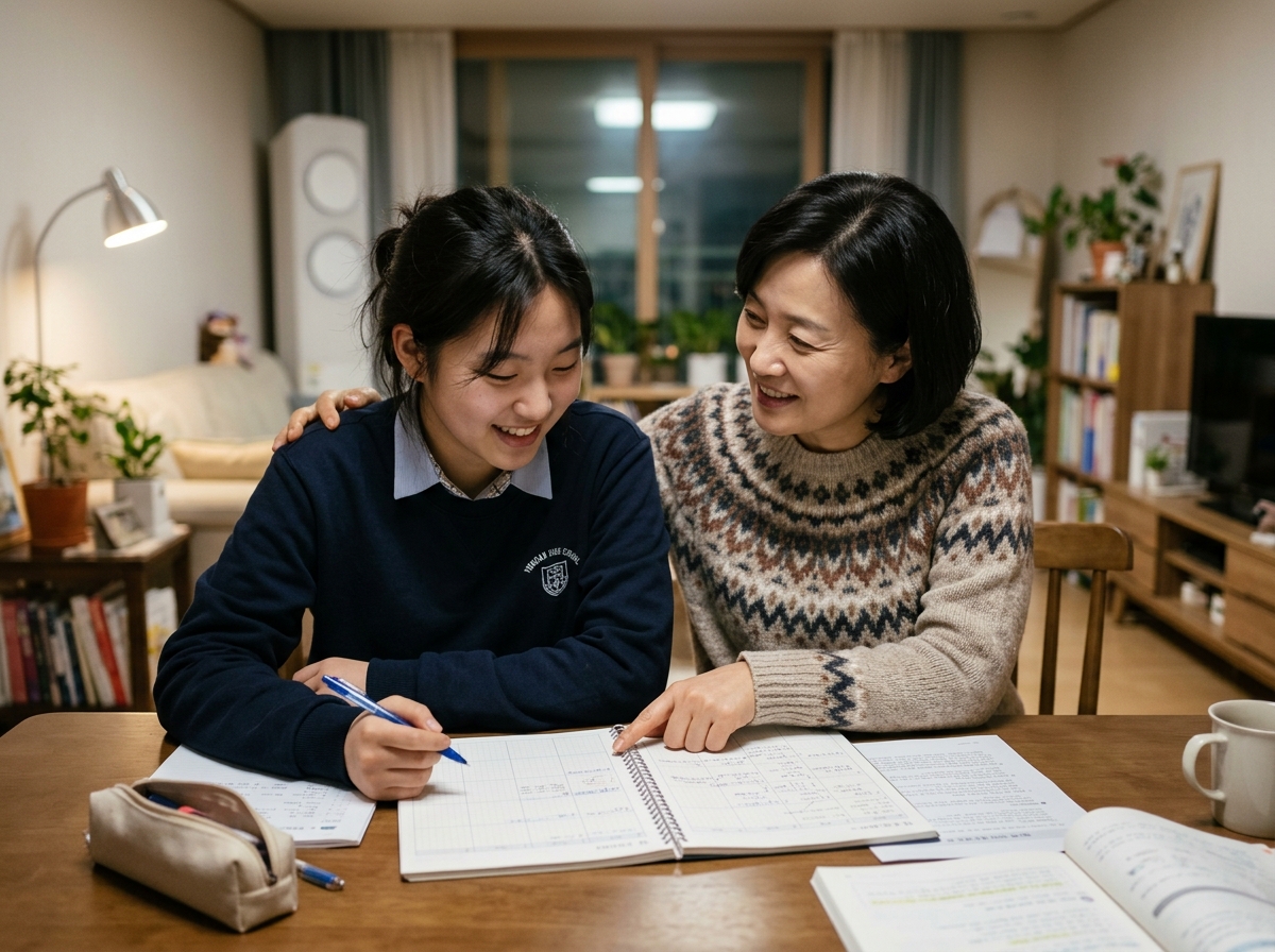 학부모와 함께 주간 학습 계획을 논의하는 고등학생