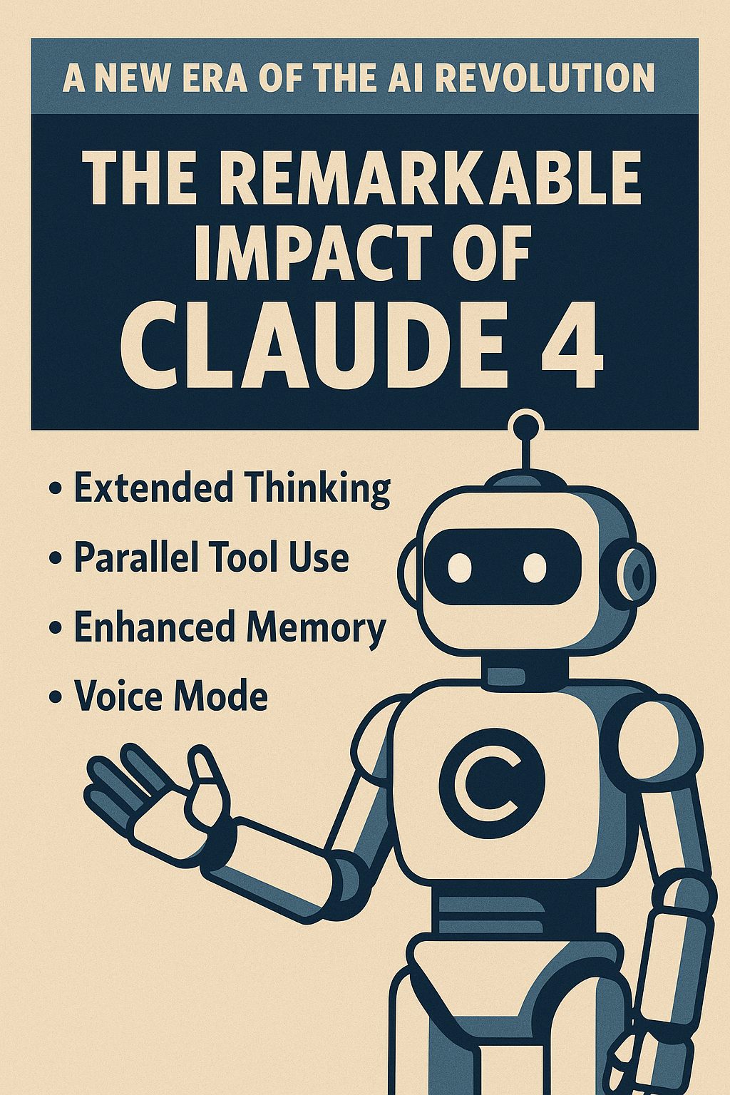 빈티지 스타일 포스터 디자인의 클로드 4 소개 이미지, 로봇 일러스트와 주요 기능이 나열된 베이지 배경의 시각 자료