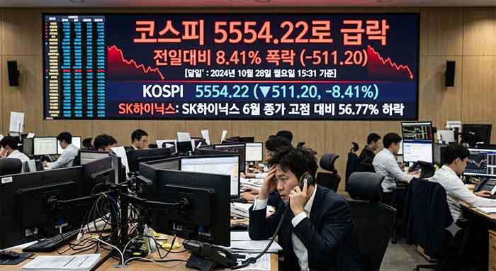 코스피 급락 전광판과 우려하는 증권사 딜링룸 모습.