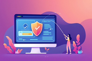 보안이 강화된 시스템 화면과 방패 아이콘이 표시된 모니터, 피싱 메일 예방을 상징.