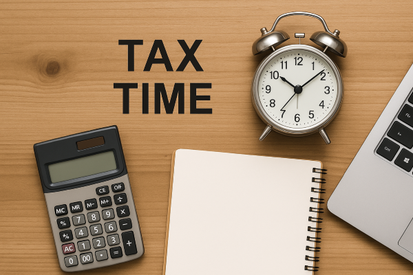 TAX TIME이라는 텍스트와 계산기, 시계, 노트북이 놓인 심플한 탁상 이미지. 종합소득세 신고 기한을 상징.