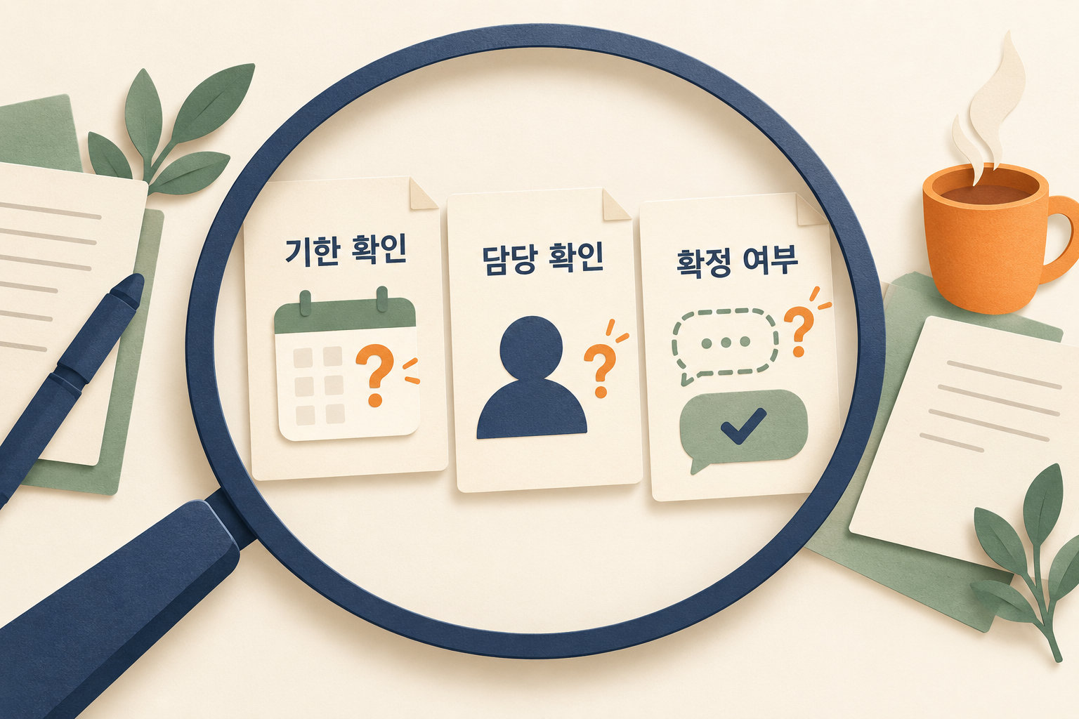 회의록의 기한과 담당자 및 확정 여부를 돋보기로 다시 확인하는 그림