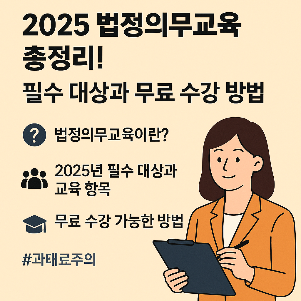 2025 법정의무교육 총정리 - 필수 대상과 무료 수강 방법을 안내하는 한국어 인포그래픽. 여성 직장인이 클립보드를 들고 있고, 법정교육 항목 아이콘과 설명이 나열되어 있음.
