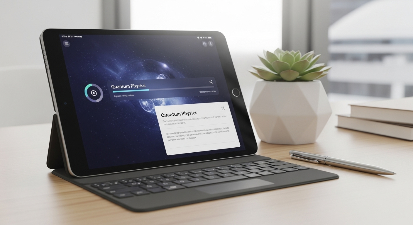 대학 생활이나 자기 계발에 유용할 태블릿과 스터디 플래너가 놓인 깔끔한 책상. 수험생의 미래를 응원하는 실용적인 선물.