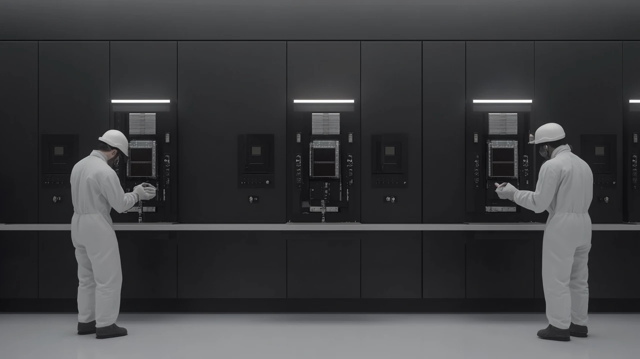 현대적인 반도체 생산 시설에서 기술자들이 첨단 기계를 정밀하게 점검하며 기술의 최전선에서 우수성을 위해 노력합니다.