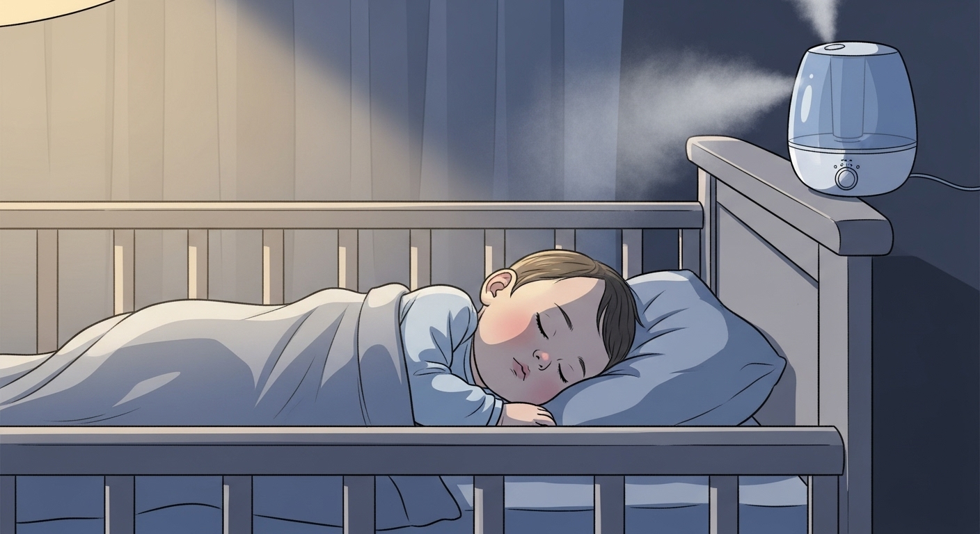 가습기가 있는 방에서 아기가 포근한 침대에서 평화롭게 잠들어 회복하는 모습