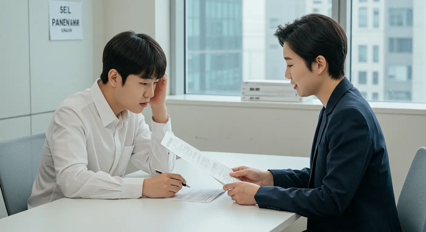 전문 재무설계사와 상담하며 무직자 중고차 대출 대신 올바른 재무 계획을 세우는 모습