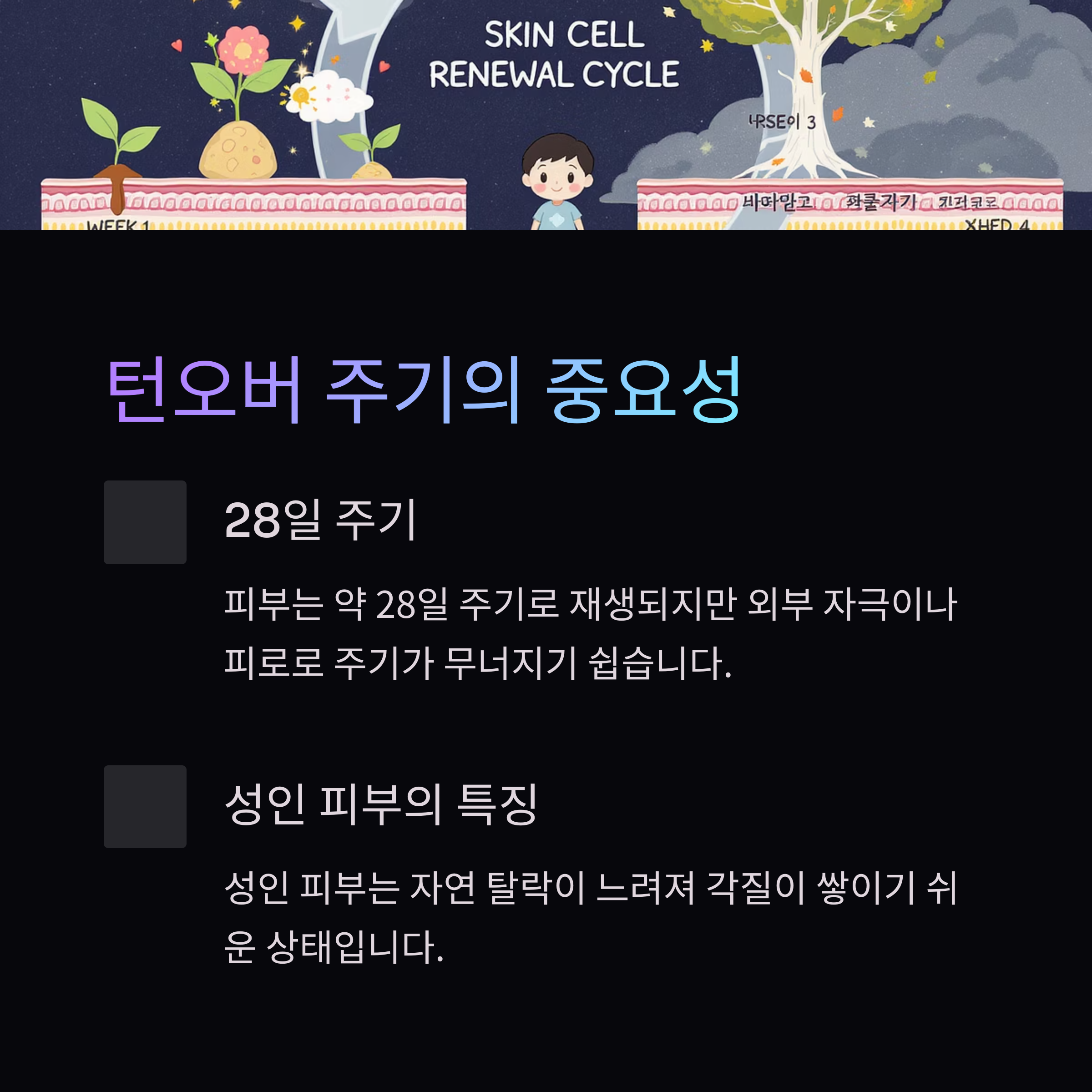 턴오버 주기의 중요성

28일 주기

피부는 약 28일 주기로 재생되지만 외부 자극이나 피로로 주기가 무너지기 쉽습니다.

성인 피부의 특징

성인 피부는 자연 탈락이 느려져 각질이 쌓이기 쉬운 상태입니다.