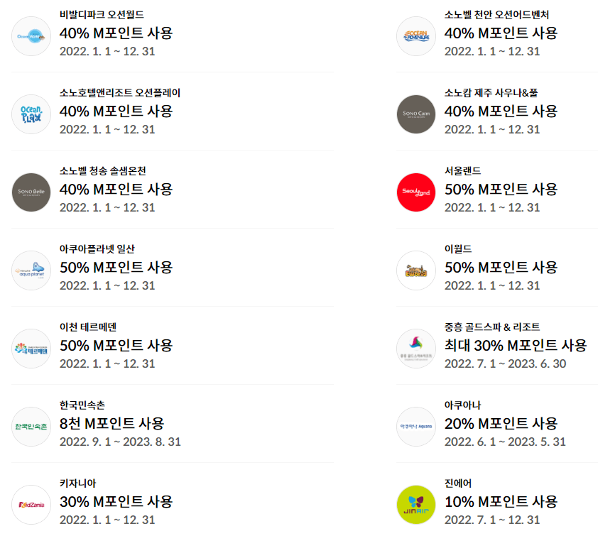 현대 M포인트 여행, 레저 가맹점