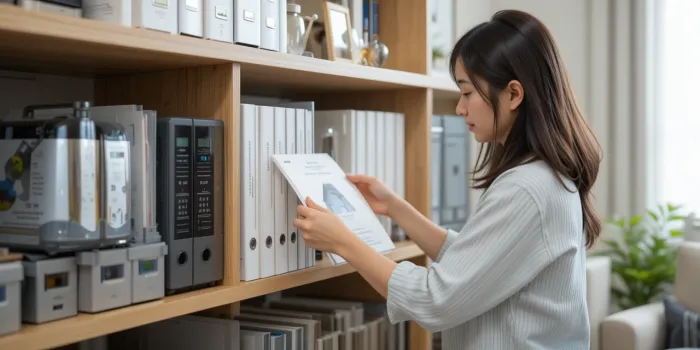 선반에 가전제품 설명서를 폴더에 정리하는 장면