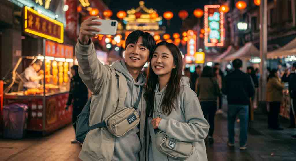 베이징 왕푸징 야시장에서 셀카 찍는 커플