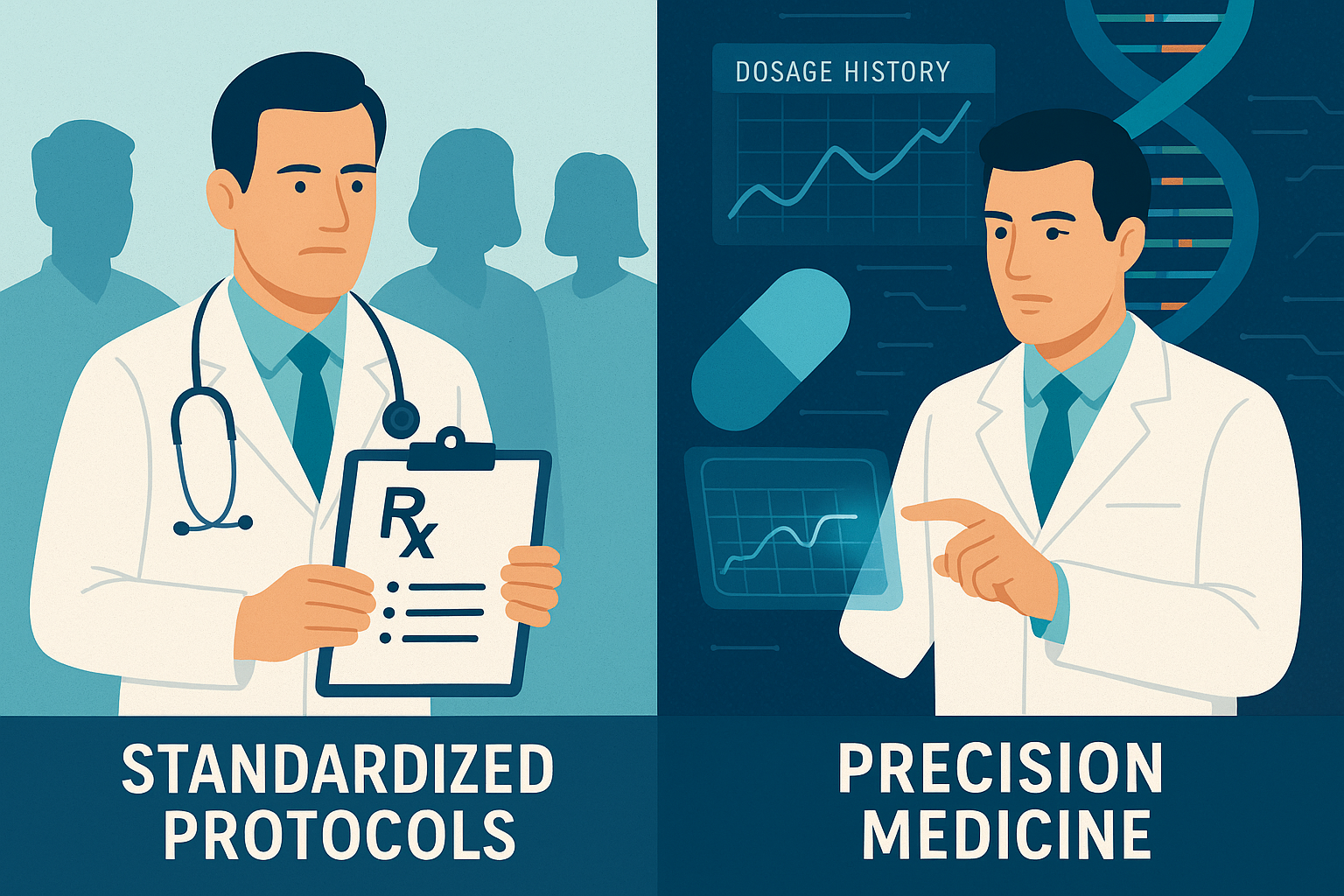 "치료 전략: 표준화된 Protocols vs 정밀 맞춤 치료"에 대한 이미지입니다.