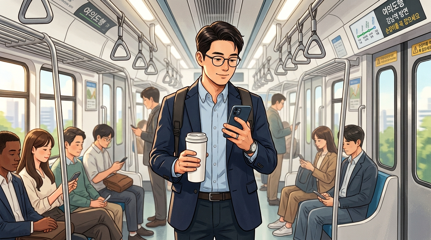 목요일 아침 붐비는 출근길 지하철 안, 따뜻한 모닝커피를 한 손에 쥔 채 스마트폰 화면 속 안전하게 정돈된 미국 S&amp;P 500 지수 편입 우량 자산의 우상향 매매 궤적과 안정적으로 포트폴리오 다각화를 마친 연금 계좌 매트릭스를 확인하며 평온한 미소를 짓는 스마트 직장인 투자자의 주중 일상 일러스트