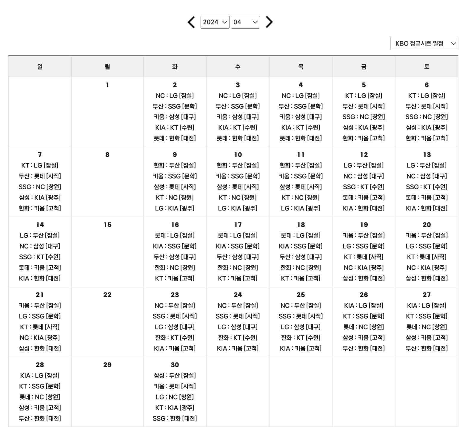 2024 KBO 프로야구 경기일정 4월
