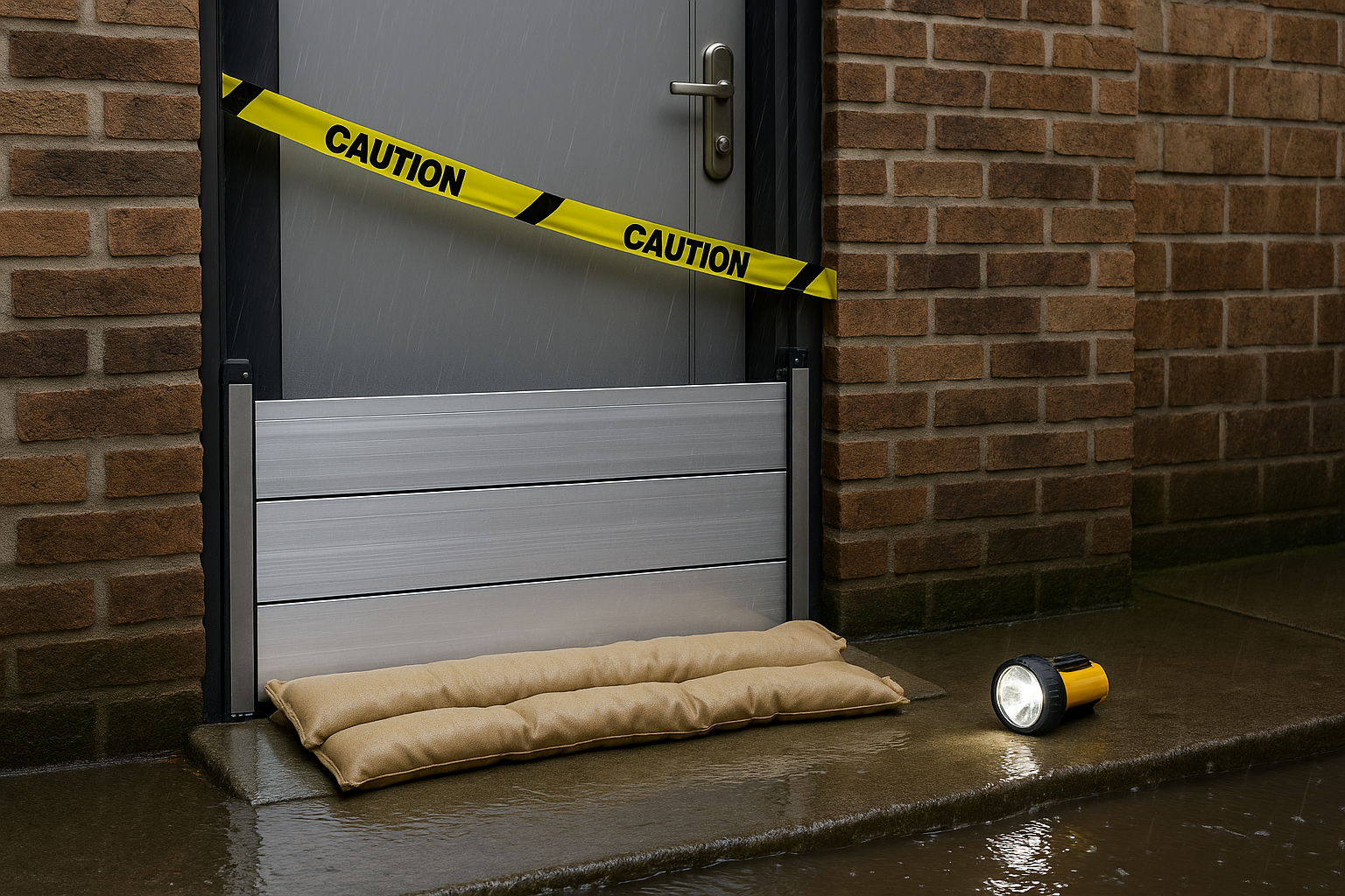 현관 물막이판(차수판)과 흡수식 배리어로 침수 대비하는 반지하 주택 입구, 비 오는 날 설치 예시