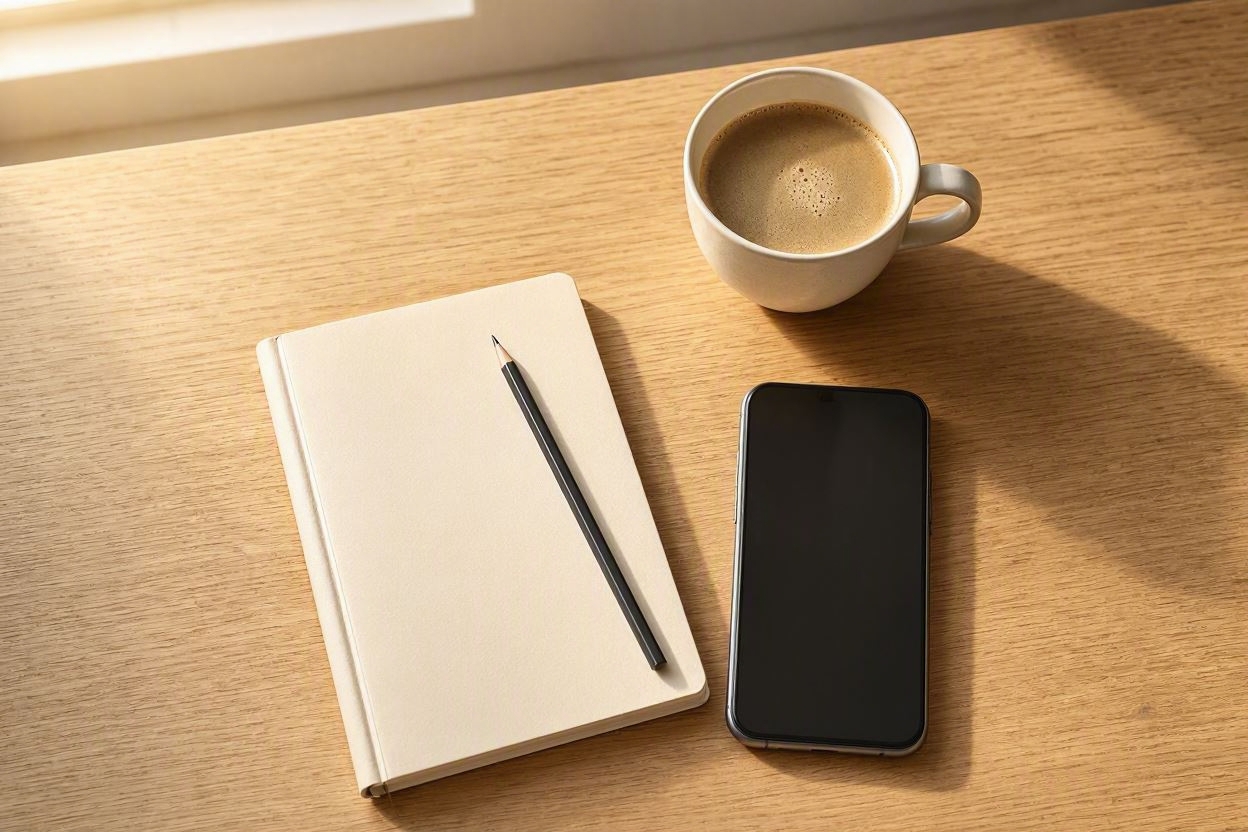 A clean, organized desk setup with a smartphone and notebook, representing secure mobile productivity.