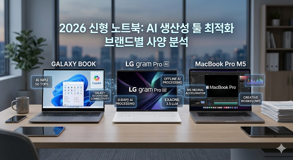 2026년형 고사양 노트북들과 AI 그래픽 인터페이스가 펼쳐진 현대적인 사무실 데스크 환경