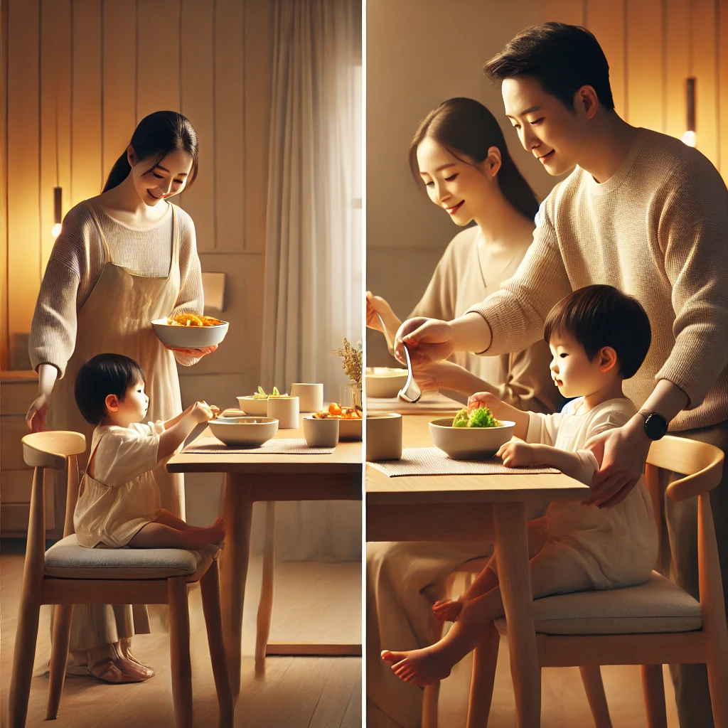 부모가 아이들에게 음식을 나누어 주며 사랑과 관심을 표현하는 모습. 따뜻한 조명과 미니멀한 가구로 편안하고 아늑한 분위기를 연출.