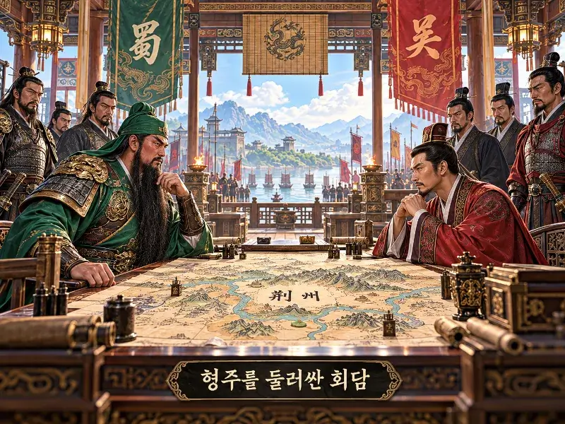 Bright cinematic historical illustration of Guan Yu and Lu Su facing each other across a table with a map of Jingzhou during a tense Three Kingdoms negotiation.